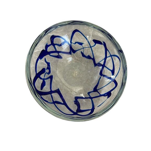 Ribbed Cobalt Blue Hand Blown Round Zig Zag Art Glass Sculpture Bowl 8” X 4” - Picture 4 of 8